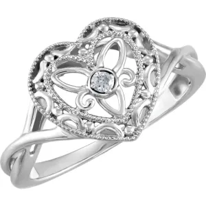 Sterling Silver Genuine Diamond Heart Crossed Band Filigree Ring