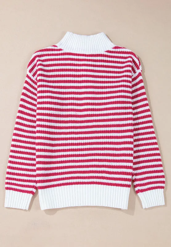 Striped Half Zip Mock Neck Long Sleeve Sweater