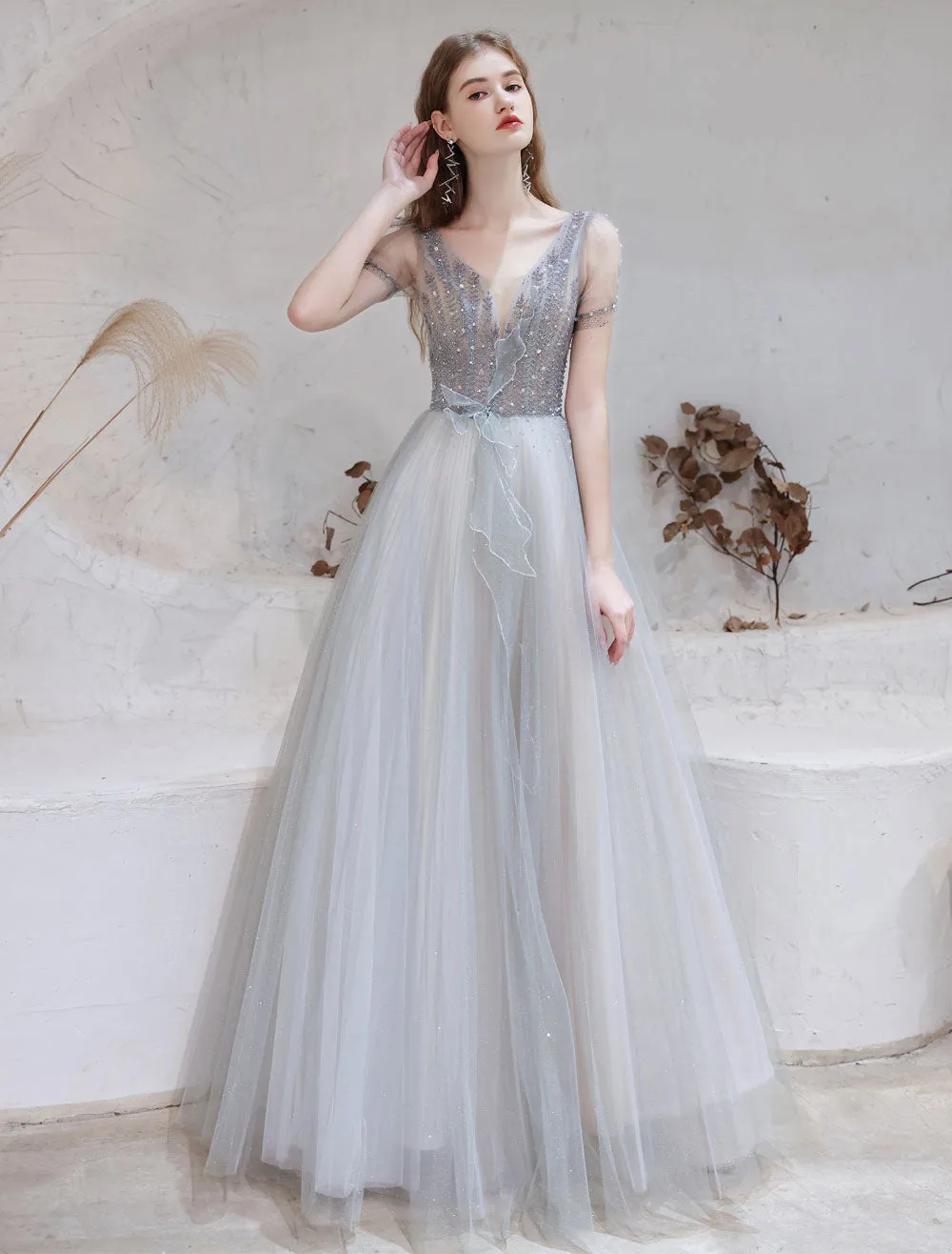 Stunning Evening Dress Light Grey A Line Bateau Neck Floor Length Social Party Dresses Pageant Dress