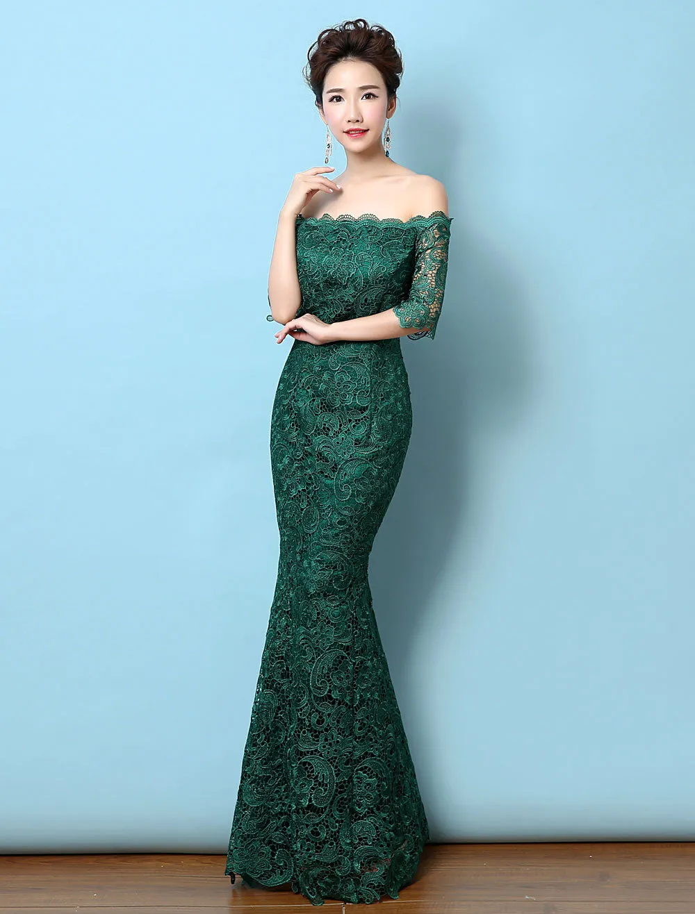 Stunning Lace Evening Dress Off The Shoulder Mermaid Party Dress Dark Green Half Sleeve Maxi Occasion Dress wedding guest dress