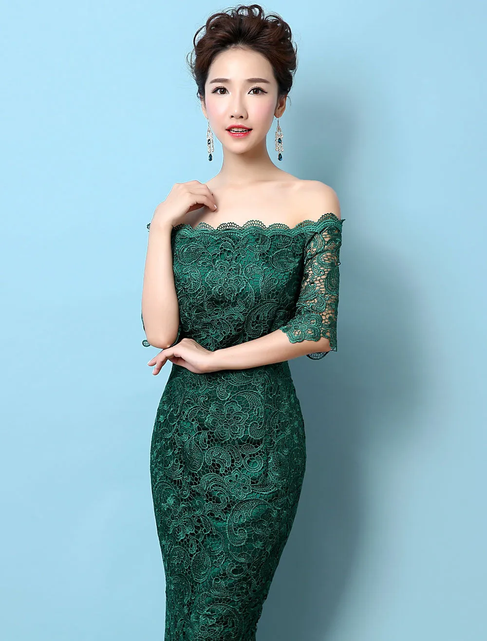 Stunning Lace Evening Dress Off The Shoulder Mermaid Party Dress Dark Green Half Sleeve Maxi Occasion Dress wedding guest dress