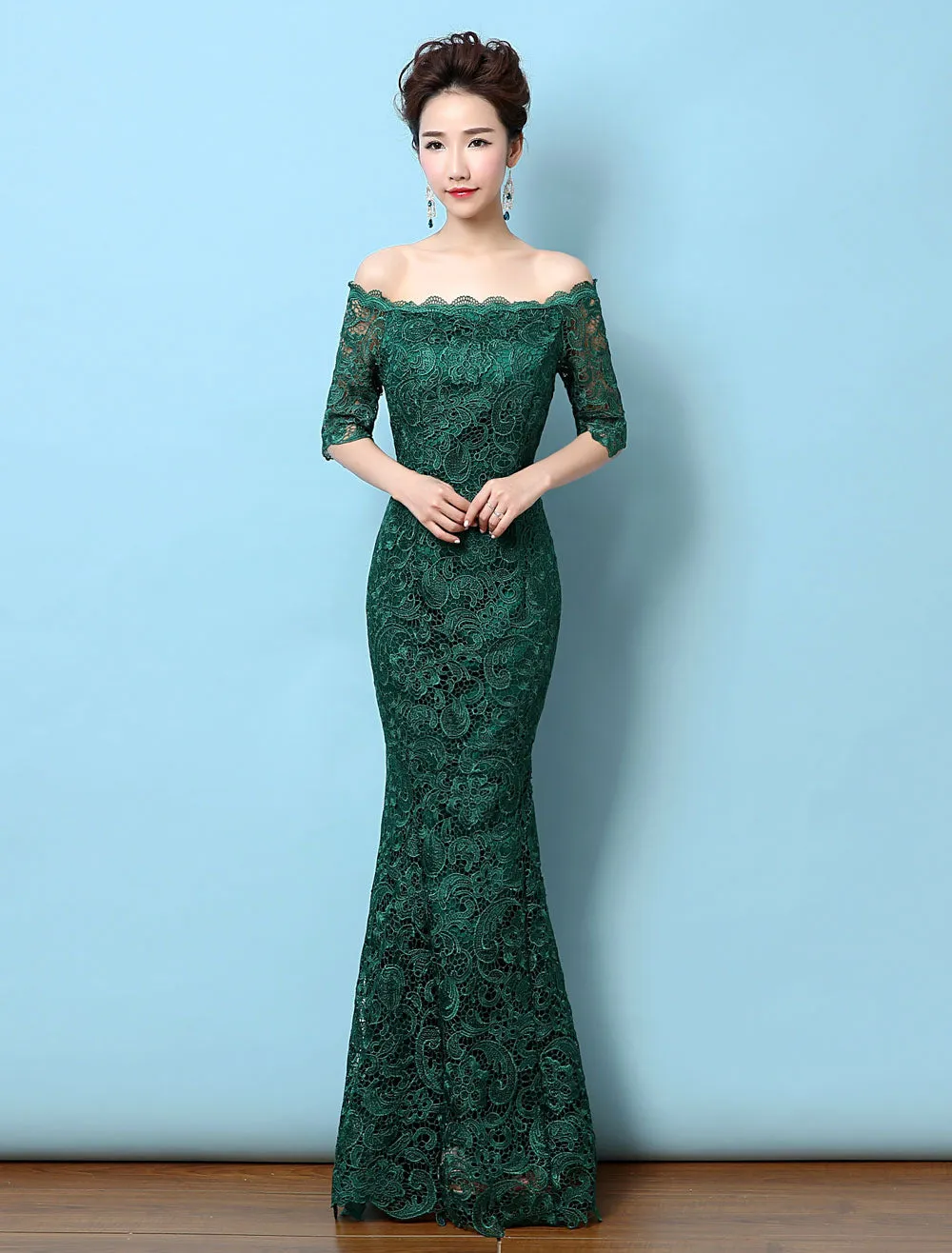 Stunning Lace Evening Dress Off The Shoulder Mermaid Party Dress Dark Green Half Sleeve Maxi Occasion Dress wedding guest dress