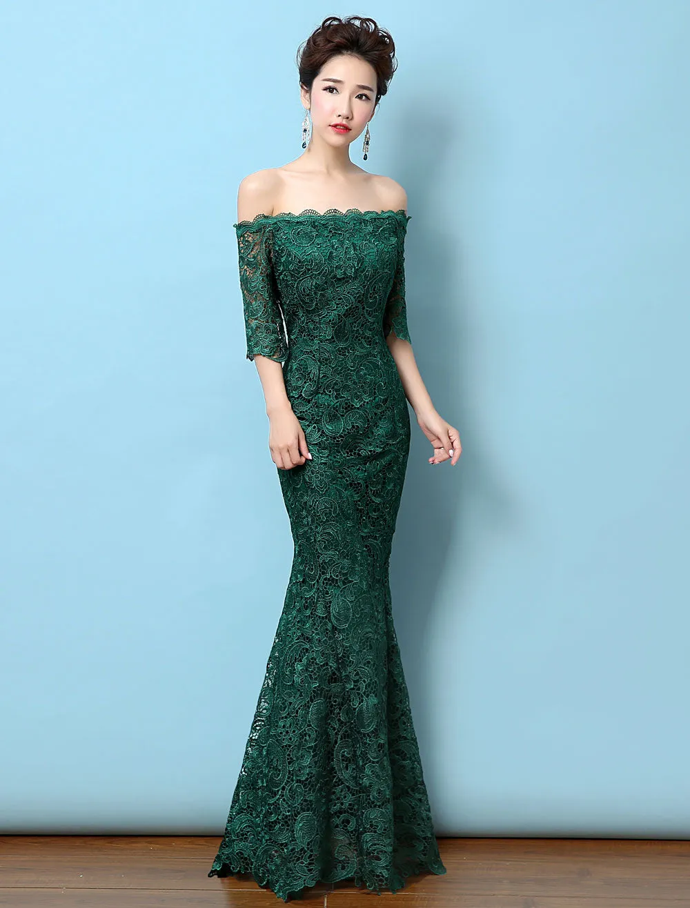 Stunning Lace Evening Dress Off The Shoulder Mermaid Party Dress Dark Green Half Sleeve Maxi Occasion Dress wedding guest dress