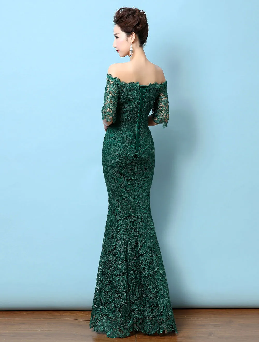 Stunning Lace Evening Dress Off The Shoulder Mermaid Party Dress Dark Green Half Sleeve Maxi Occasion Dress wedding guest dress