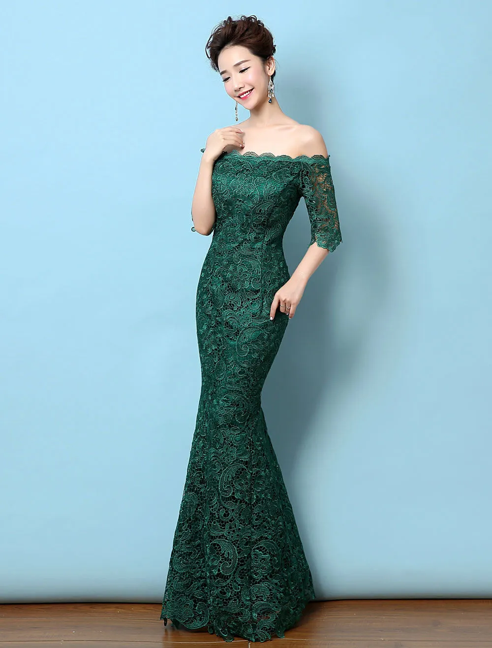 Stunning Lace Evening Dress Off The Shoulder Mermaid Party Dress Dark Green Half Sleeve Maxi Occasion Dress wedding guest dress