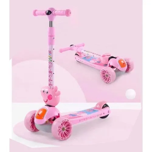 Super Cool Upgraded Peppa Pig Style Kids Foldable 3-Wheel Tilt and Turn Kick Scooter with Adjustable Handle | Music | LED Lights | Ages 3-8