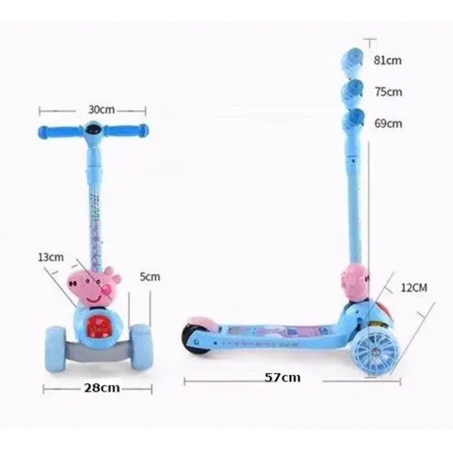 Super Cool Upgraded Peppa Pig Style Kids Foldable 3-Wheel Tilt and Turn Kick Scooter with Adjustable Handle | Music | LED Lights | Ages 3-8