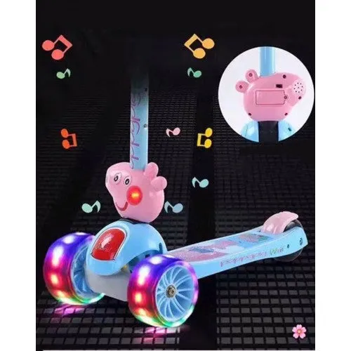 Super Cool Upgraded Peppa Pig Style Kids Foldable 3-Wheel Tilt and Turn Kick Scooter with Adjustable Handle | Music | LED Lights | Ages 3-8