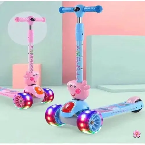 Super Cool Upgraded Peppa Pig Style Kids Foldable 3-Wheel Tilt and Turn Kick Scooter with Adjustable Handle | Music | LED Lights | Ages 3-8