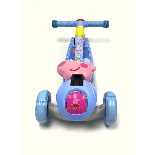 Super Cool Upgraded Peppa Pig Style Kids Foldable 3-Wheel Tilt and Turn Kick Scooter with Adjustable Handle | Music | LED Lights | Ages 3-8