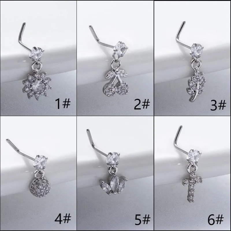 Trendy CZ Inlaid Stainless Steel Cherry Cross Sun Nose Piercing Nose Stud