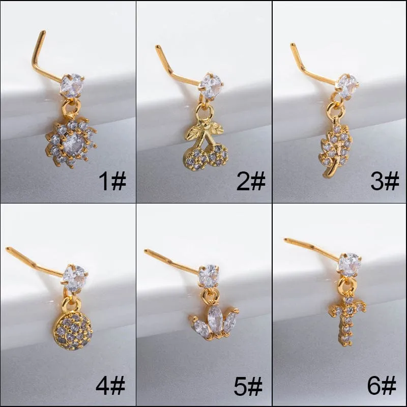 Trendy CZ Inlaid Stainless Steel Cherry Cross Sun Nose Piercing Nose Stud