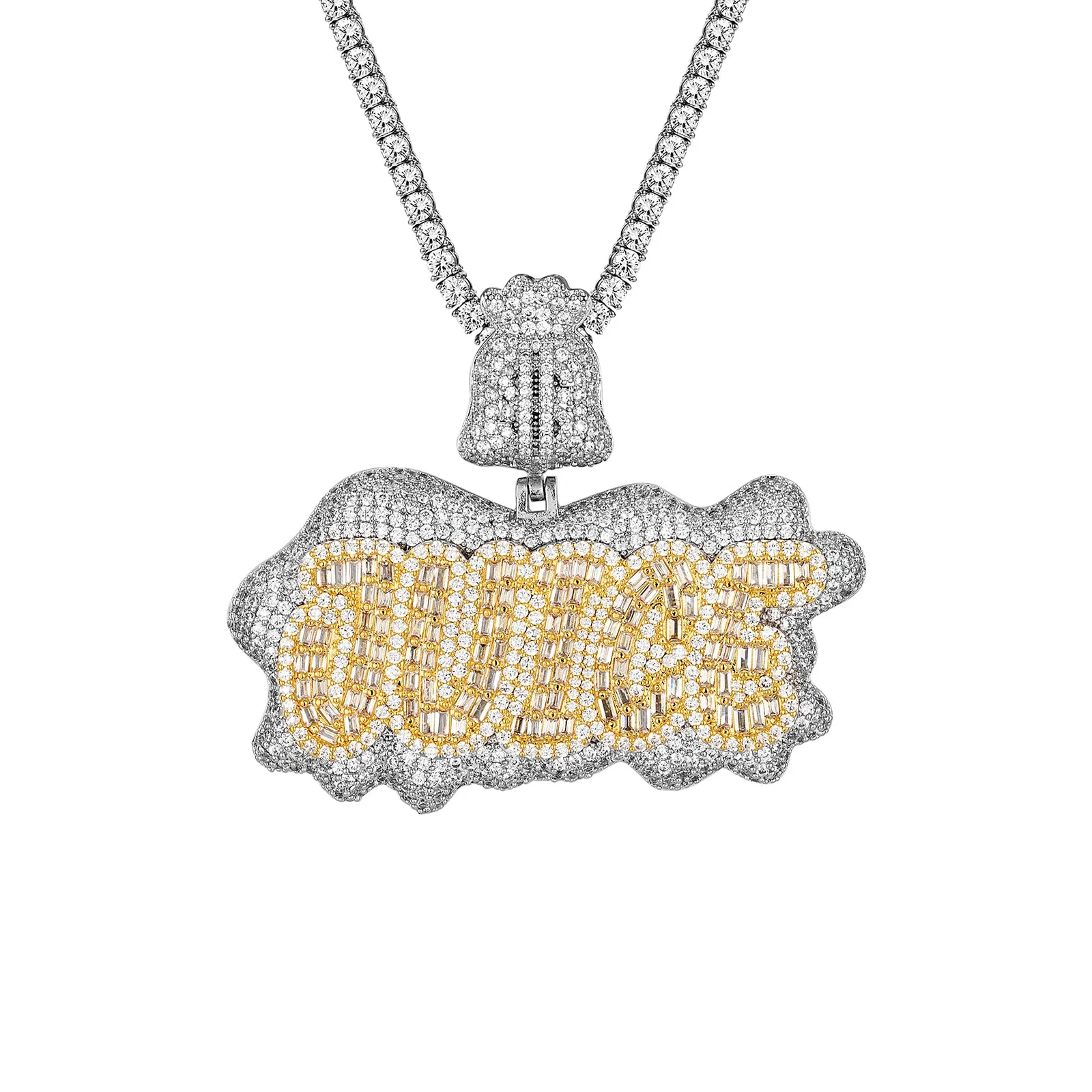 Two Tone JUICE Money Dollar Bag Icy Sterling Silver Mens Pendant