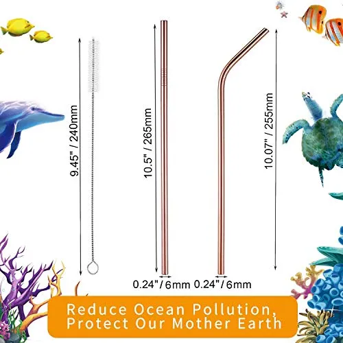 VEHHE Metal Straws Reusable Stainless Steel Straws Drinking 4 Set - Ultra Long 10.5" Cleaning Brush for 20/30 Oz for Yeti RTIC SIC Ozark Trail Tumblers(Rosegold) …