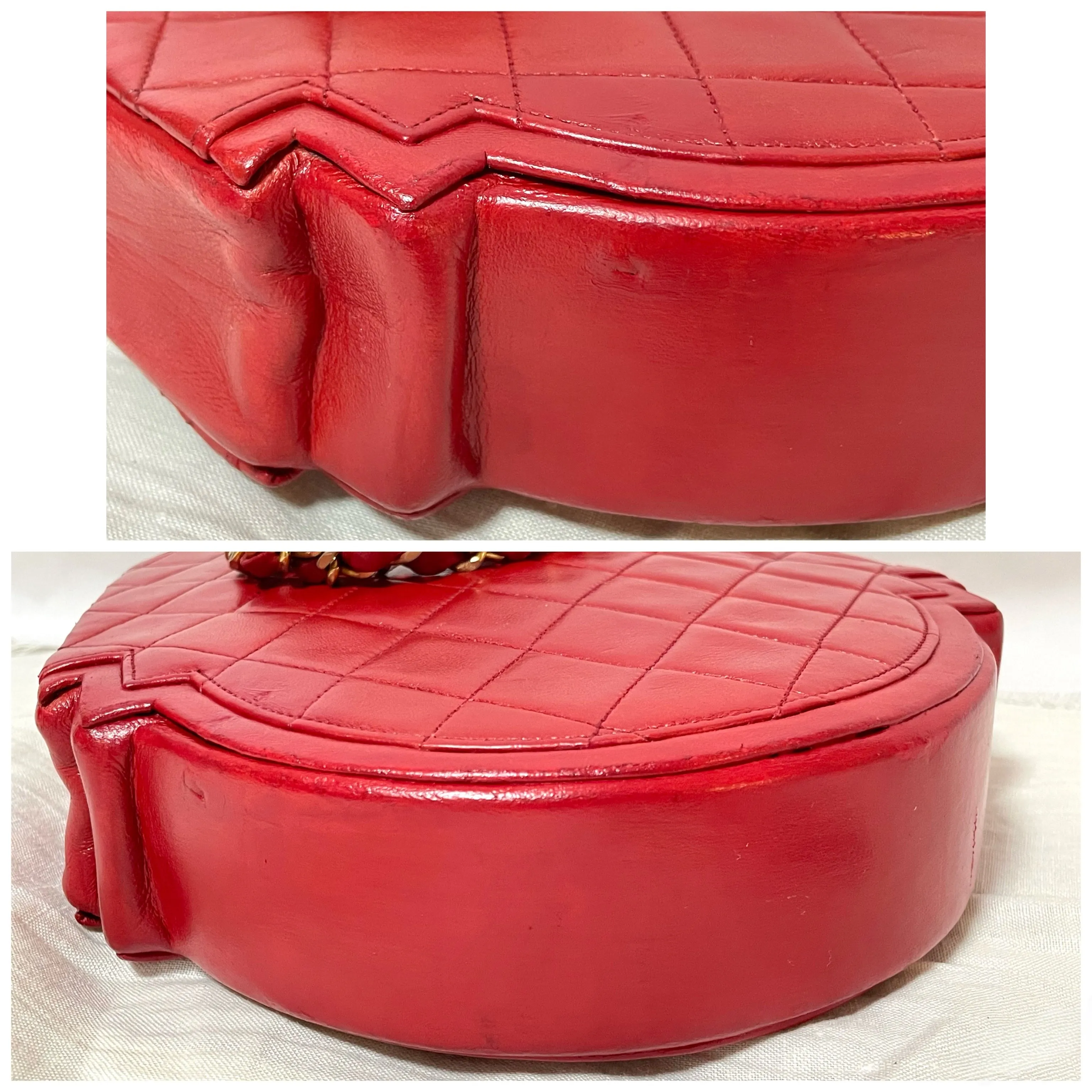 Vintage Chanel red lambskin chain shoulder bag with CC mark and gold chain in rare and unique round shape. 060723ac3