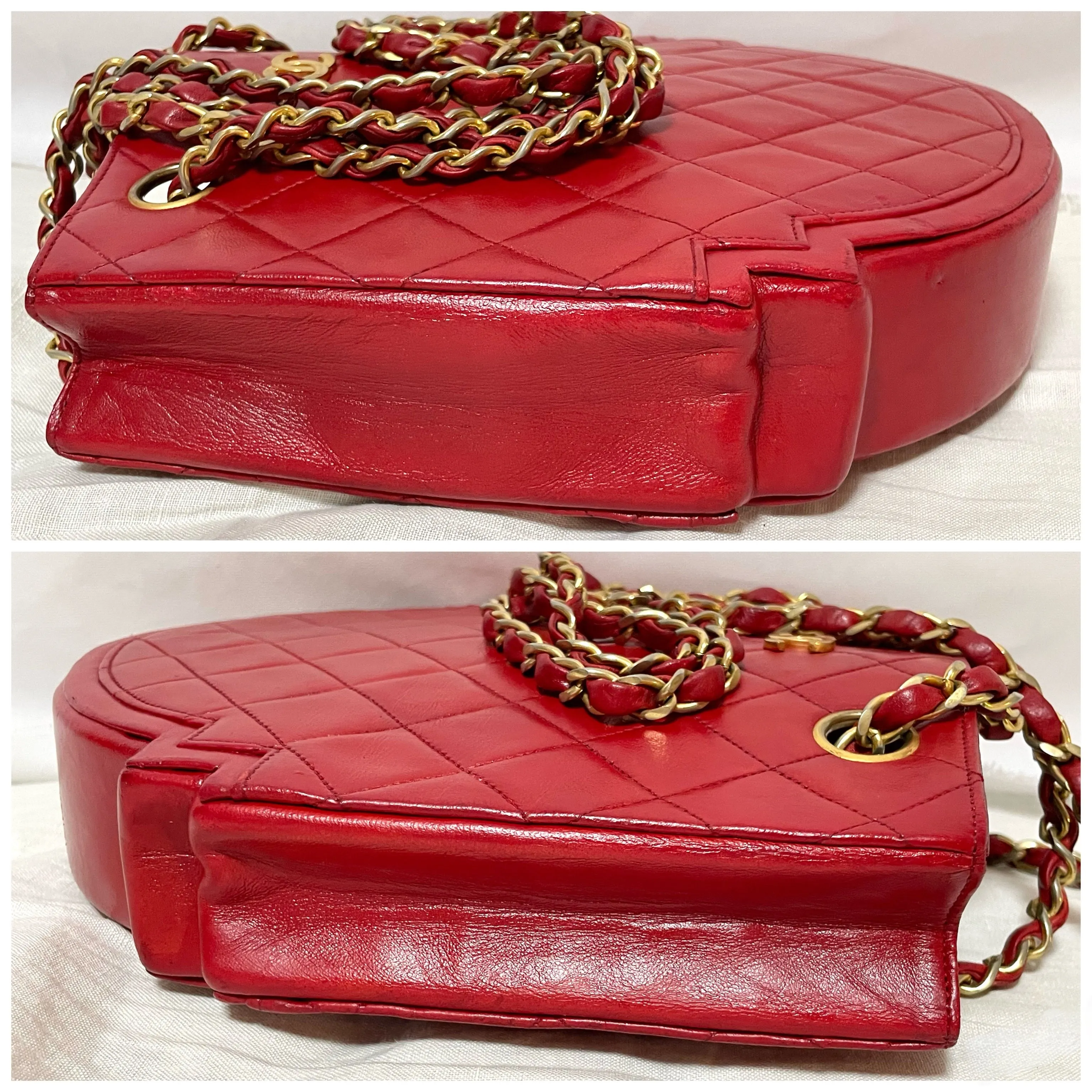 Vintage Chanel red lambskin chain shoulder bag with CC mark and gold chain in rare and unique round shape. 060723ac3