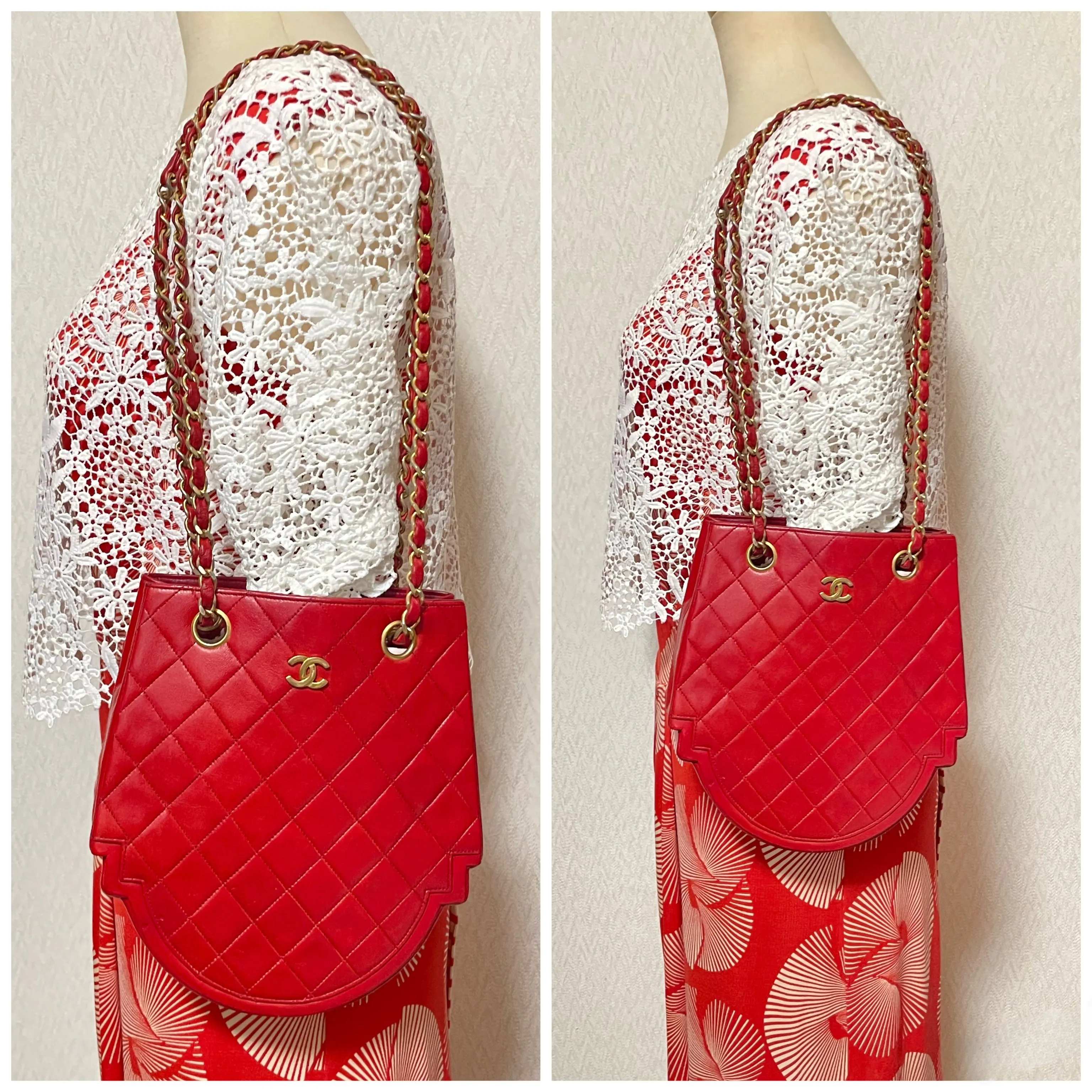 Vintage Chanel red lambskin chain shoulder bag with CC mark and gold chain in rare and unique round shape. 060723ac3