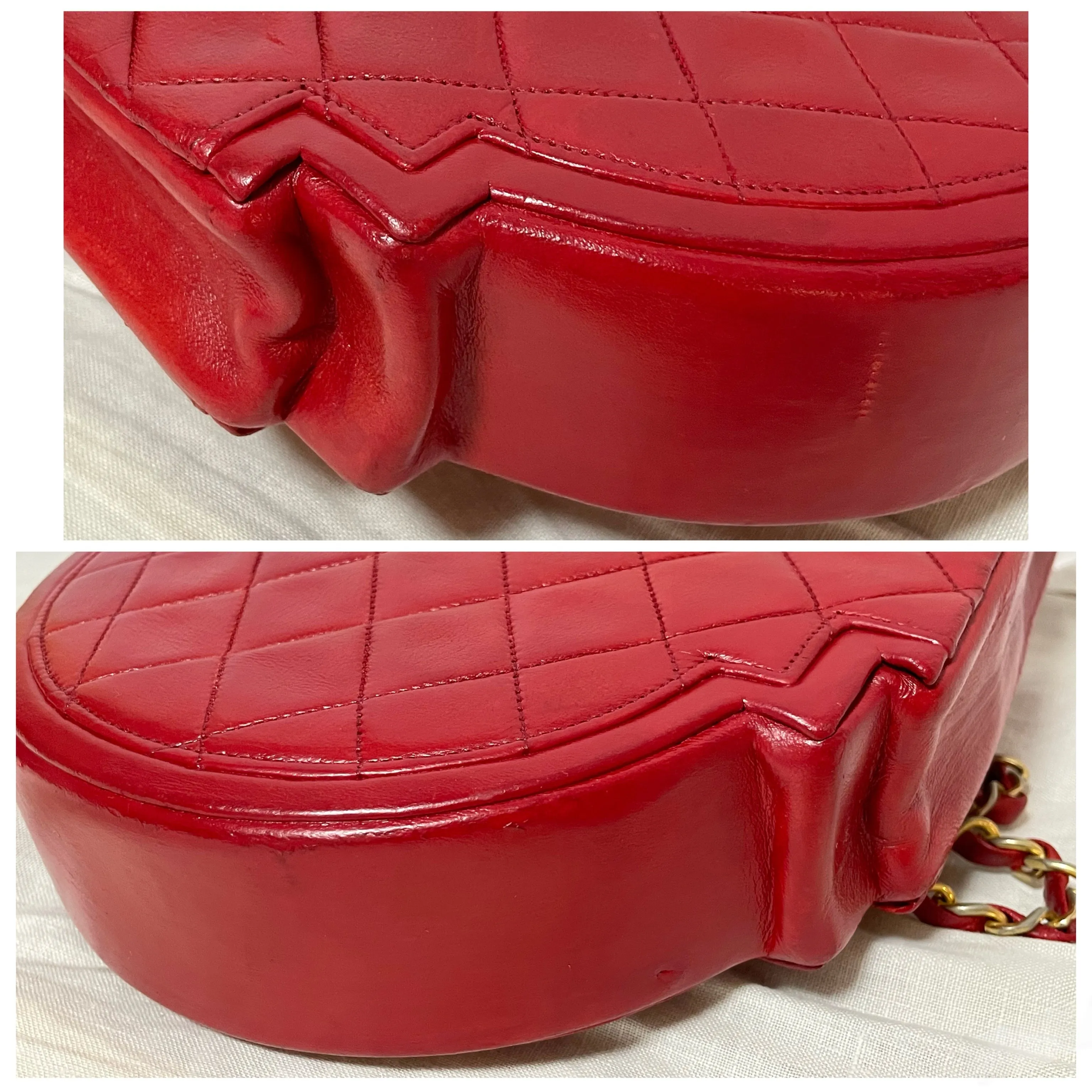 Vintage Chanel red lambskin chain shoulder bag with CC mark and gold chain in rare and unique round shape. 060723ac3