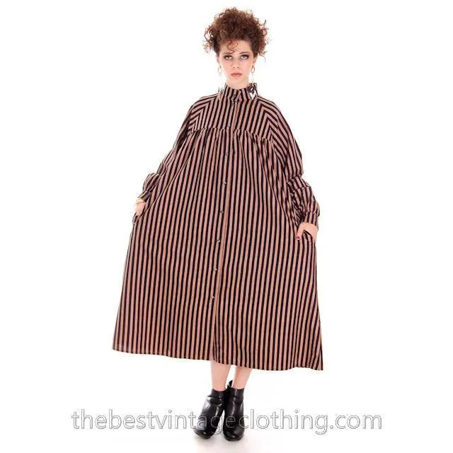 Vintage Vuokko Suomi Cotton Tent Dress 1970s Black Brown Stripes S-M