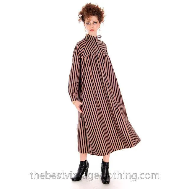 Vintage Vuokko Suomi Cotton Tent Dress 1970s Black Brown Stripes S-M