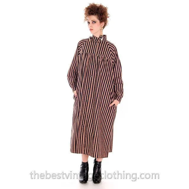 Vintage Vuokko Suomi Cotton Tent Dress 1970s Black Brown Stripes S-M