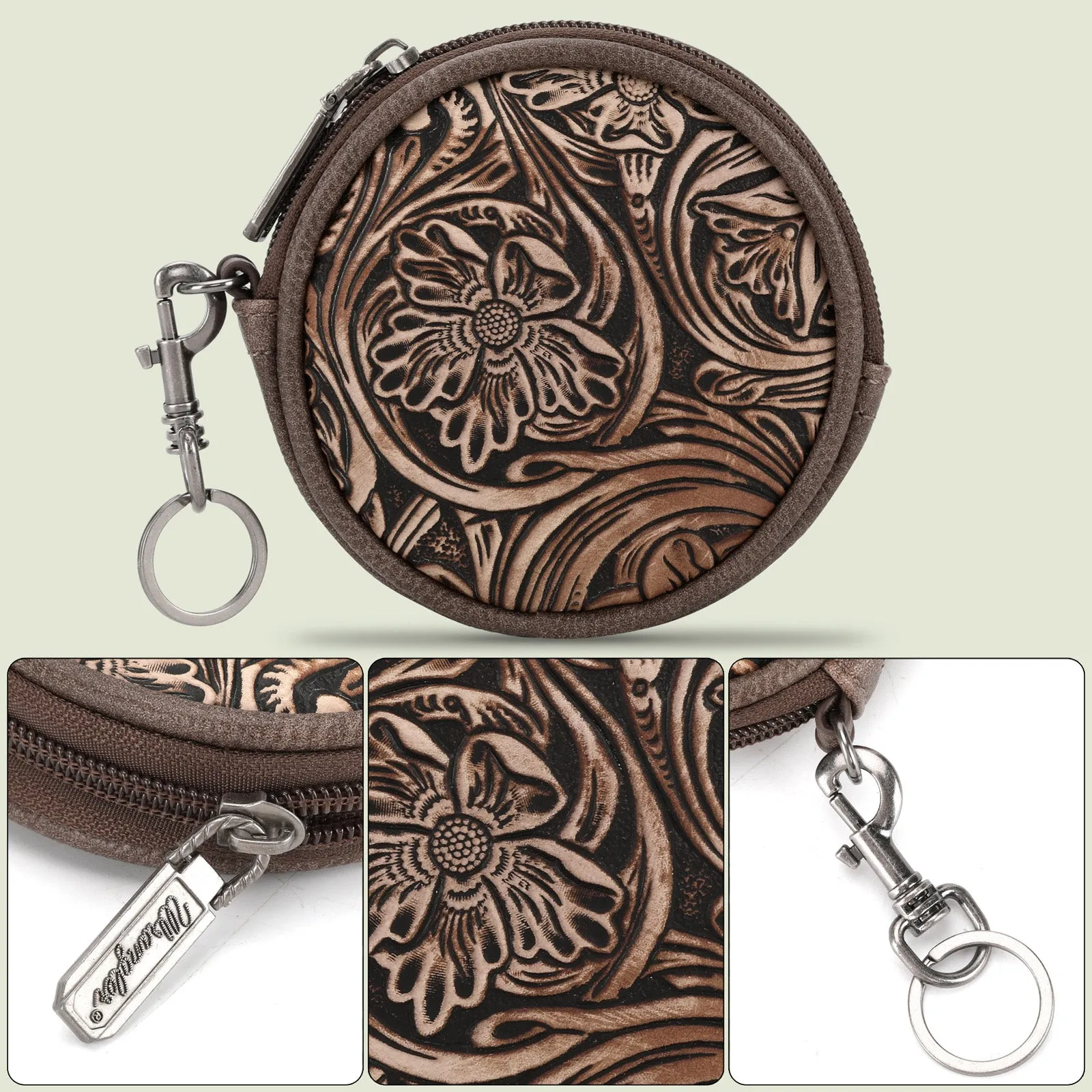 WG116-003  Wrangler Floral Tooled Circular Coin Pouch Bag Charm - Coffee