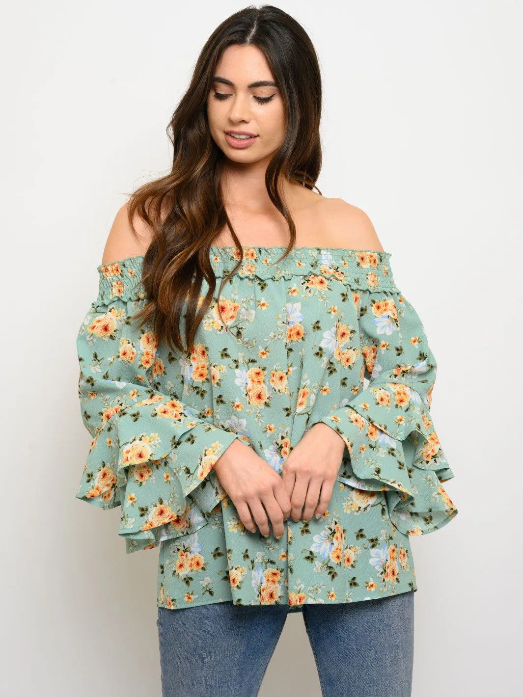 WOMEN'S OFF SHOULDER FLORAL LAYERED SLEEVE TOP
