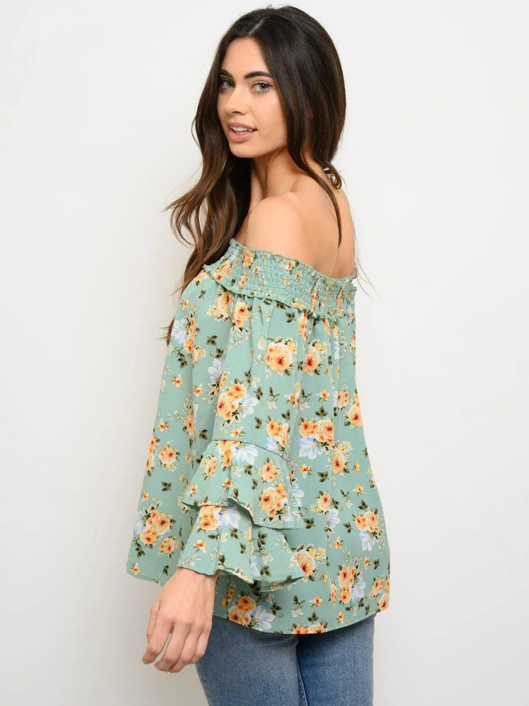 WOMEN'S OFF SHOULDER FLORAL LAYERED SLEEVE TOP