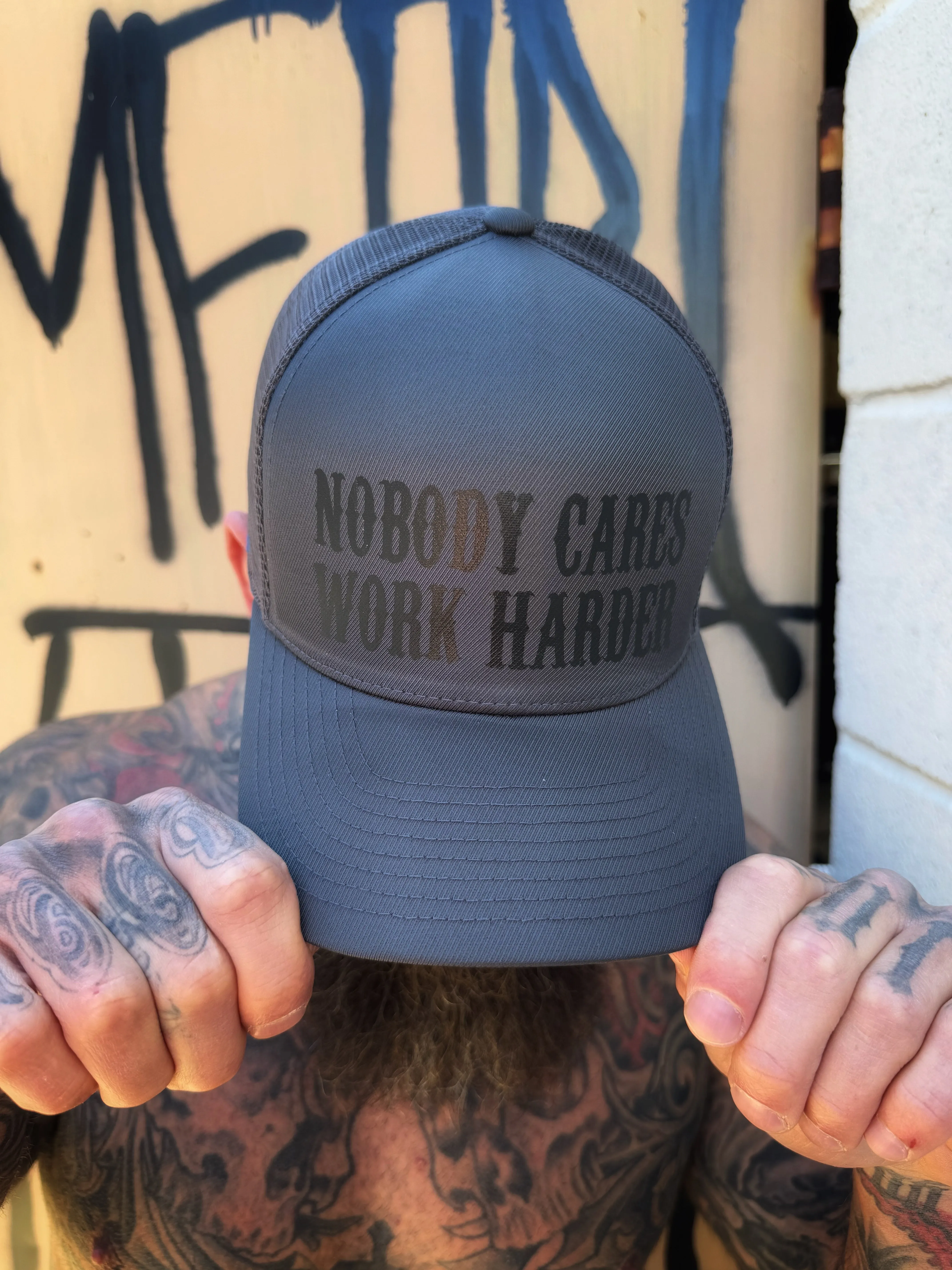 WORK HARDER GREY FLEXFIT HAT