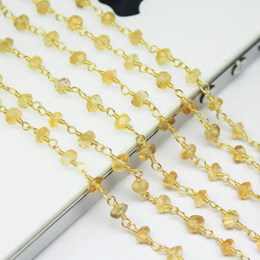 Yellow Citrine Faceted Rondelle Beads Gold Plated Brass Link Chain 5 x 14" 4mm