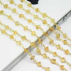 Yellow Citrine Faceted Rondelle Beads Gold Plated Brass Link Chain 5 x 14" 4mm