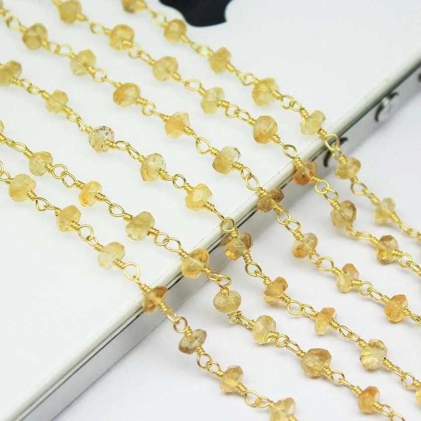Yellow Citrine Faceted Rondelle Beads Gold Plated Brass Link Chain 5 x 14" 4mm